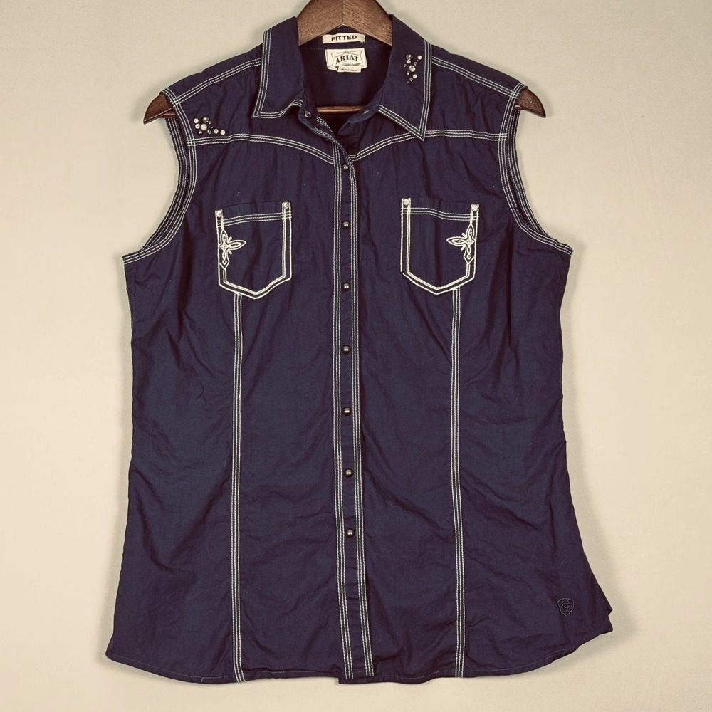 Ariat Sleeveless Western Shirt Womens XL Navy Blue Excellent Rhinestone Y2K 0844